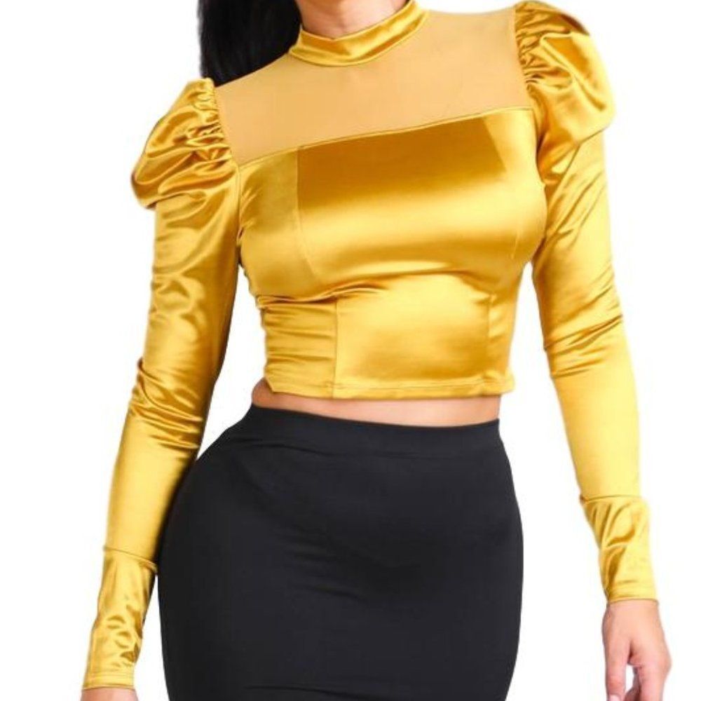 Mesh Contrast Puff Shoulder Satin Top